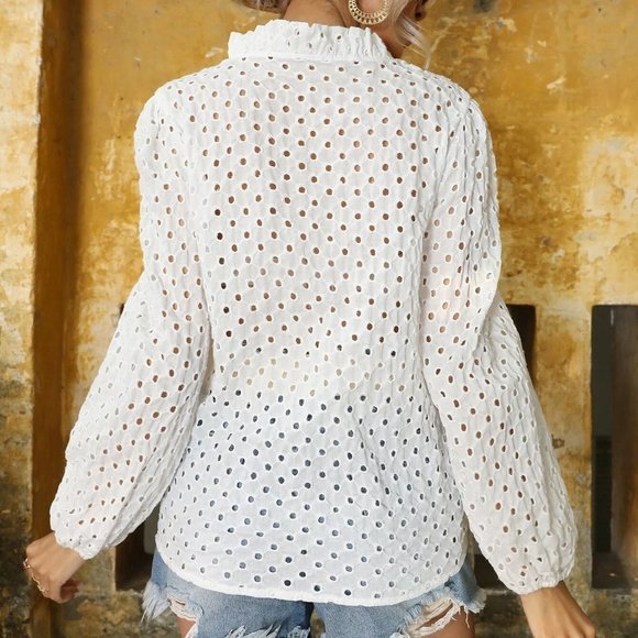 Boho Eyelet Embroidery Frill Trim Lantern Sleeve Blouse - Picture 4 of 5